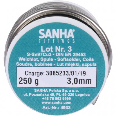 Sanha 4933 припой S-Sn97Cu3 Нр.3, 3,0 мм, катушка, 250 г3mm, для медных труб под пайку