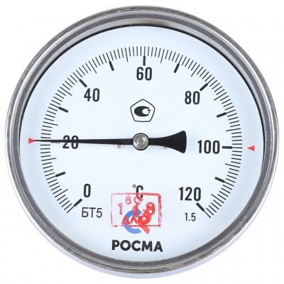 РОСМА БТ-51.211(0-120С)G1/2.46.1,5 ТЕРМОМЕТР биметалл. 100 мм, ТИП - БТ-51 корпус - хромированная сталь, шток осевой 46х6мм - нерж.сталь, 0-120C, c гильзой (латун