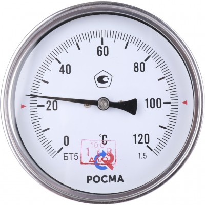 РОСМА  БТ-51.211(0-120С)G1/2.100.1,5ТЕРМОМЕТР биметалл. 100 мм, ТИП - БТ-51 корпус -хромированная сталь, шток осевой 100х6мм - нерж.сталь,0-120C, c гильзой (латунь)