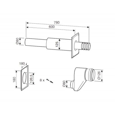 Bosch  Гориз. комп. для отвода дым. газов через нар. стену DN80/80 на DN80/125