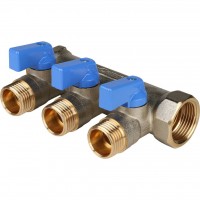 STOUT Коллектор с шаровыми кранами 3/4 , 3 отвода 1/2 (синие ручки) STOUT Коллектор с шаровыми кранами 3/4 , 3 отвода 1/2 (синие ручки)