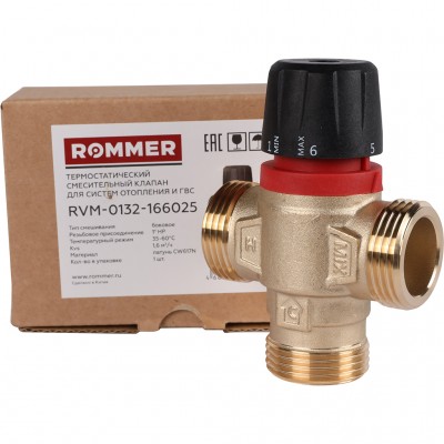 ROMMER RVM-0132-166025 Термостатический смесительный клапан для систем отопления и ГВС 1  НР 35-60°С KV 1,6 (боковое смешивание)