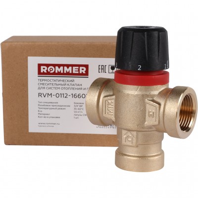 ROMMER RVM-0112-166020 Термостатический смесительный клапан для систем отопления и ГВС 3/4 ВР 35-60°С KV 1,6 (боковое смешивание)