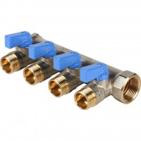 STOUT Коллектор с шаровыми кранами 3/4 , 4 отвода 1/2 (синие ручки) STOUT Коллектор с шаровыми кранами 3/4 , 4 отвода 1/2 (синие ручки)