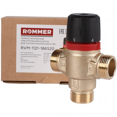 ROMMER RVM-1121-186520 Термостатический смесительный клапан для систем отопления и ГВС 3/4  НР 30-65°С KV 1,8 (центральное смешивание)