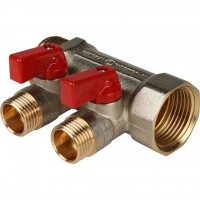 STOUT Коллектор с шаровыми кранами 1 , 2 отвода 1/2 (красные ручки) STOUT Коллектор с шаровыми кранами 1 , 2 отвода 1/2 (красные ручки)